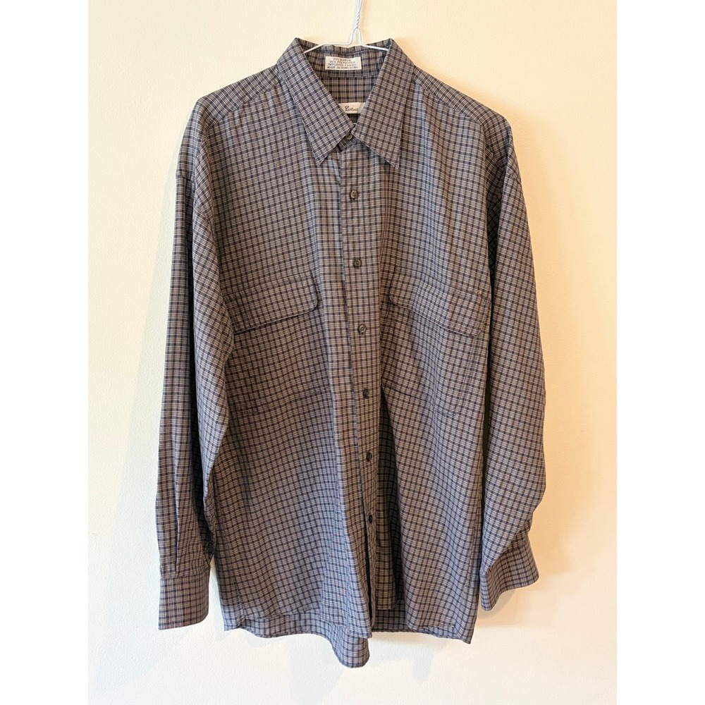 Burma Bibas Mens Large Plaid Button Down Shirt Grey Blue Long Sleeve Rayon Blend